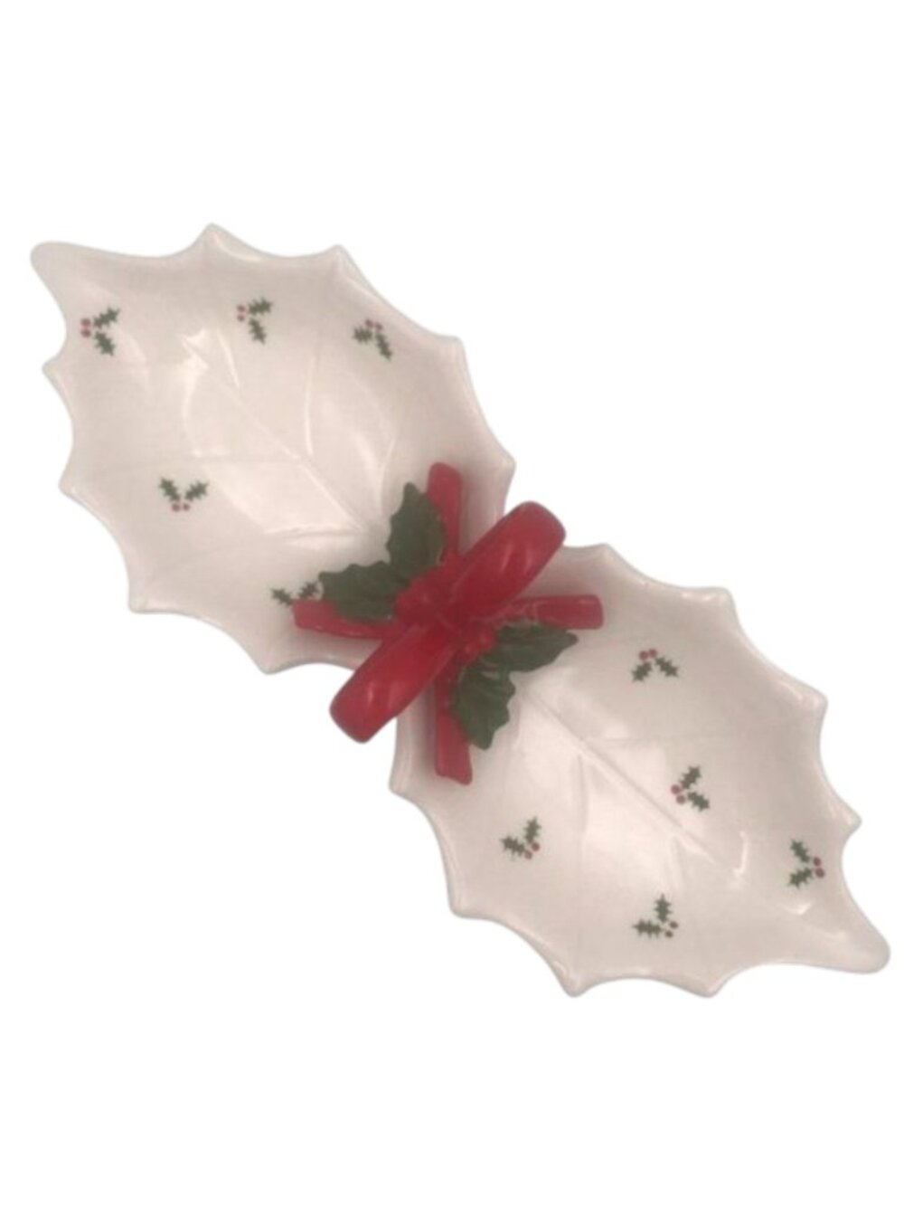 Otagiri Handcrafted Ceramic Holly Leaf Candy Dish Red Bow Design Grandmacore